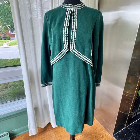 Vintage 60s dress, forest green, mock waistcoat, faux vest bodice, striped trim - Picture 1 of 10